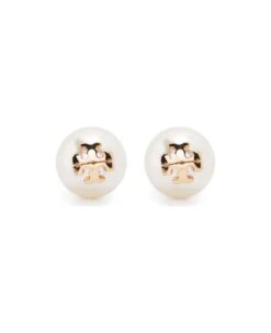 Tory Burch Gold-colored Pearl Stud Earrings With Logo Detail In Brass Woman